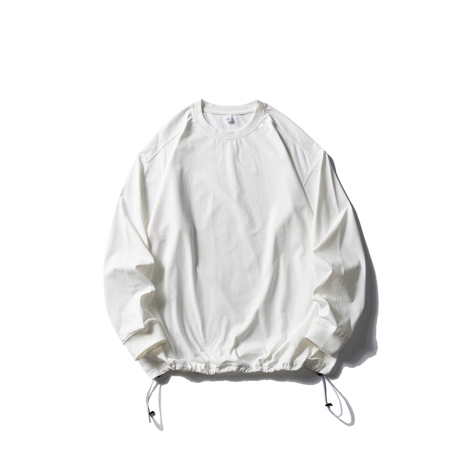 White long-sleeve crew-neck top flat lay with drawstring hem and toggle cords