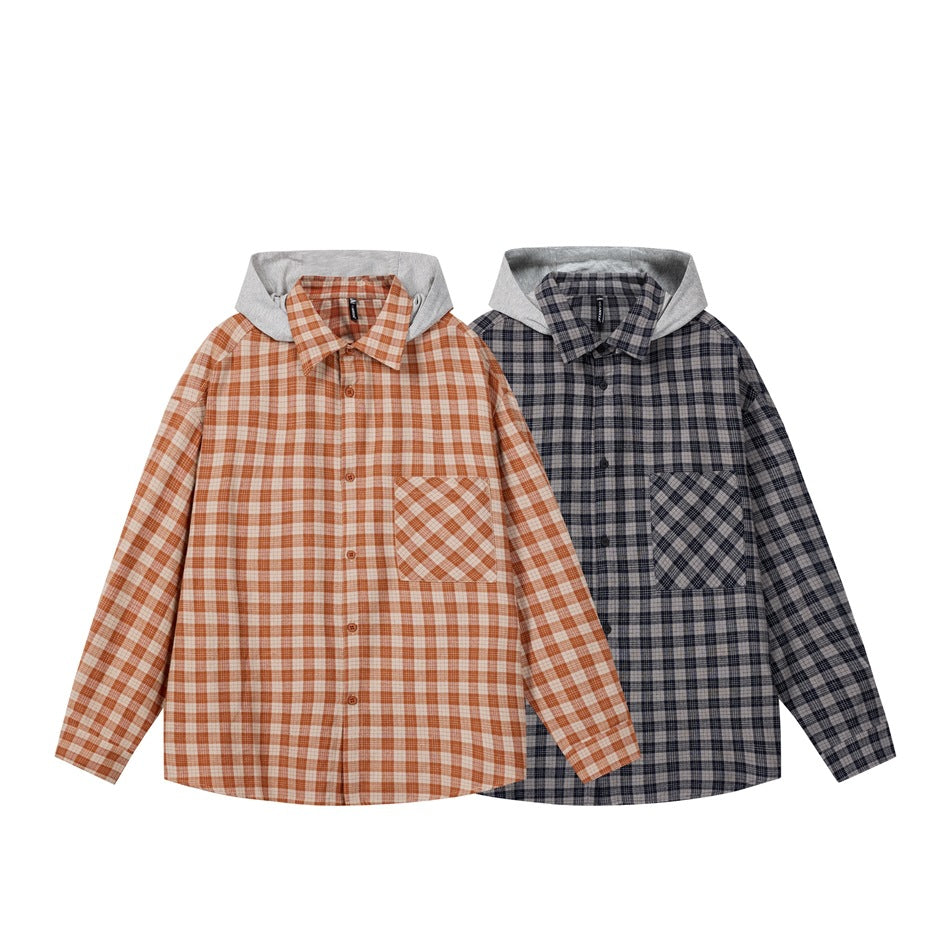 Two long-sleeve plaid hooded shirts shown from the front: one rust and cream, the other black and gray.
