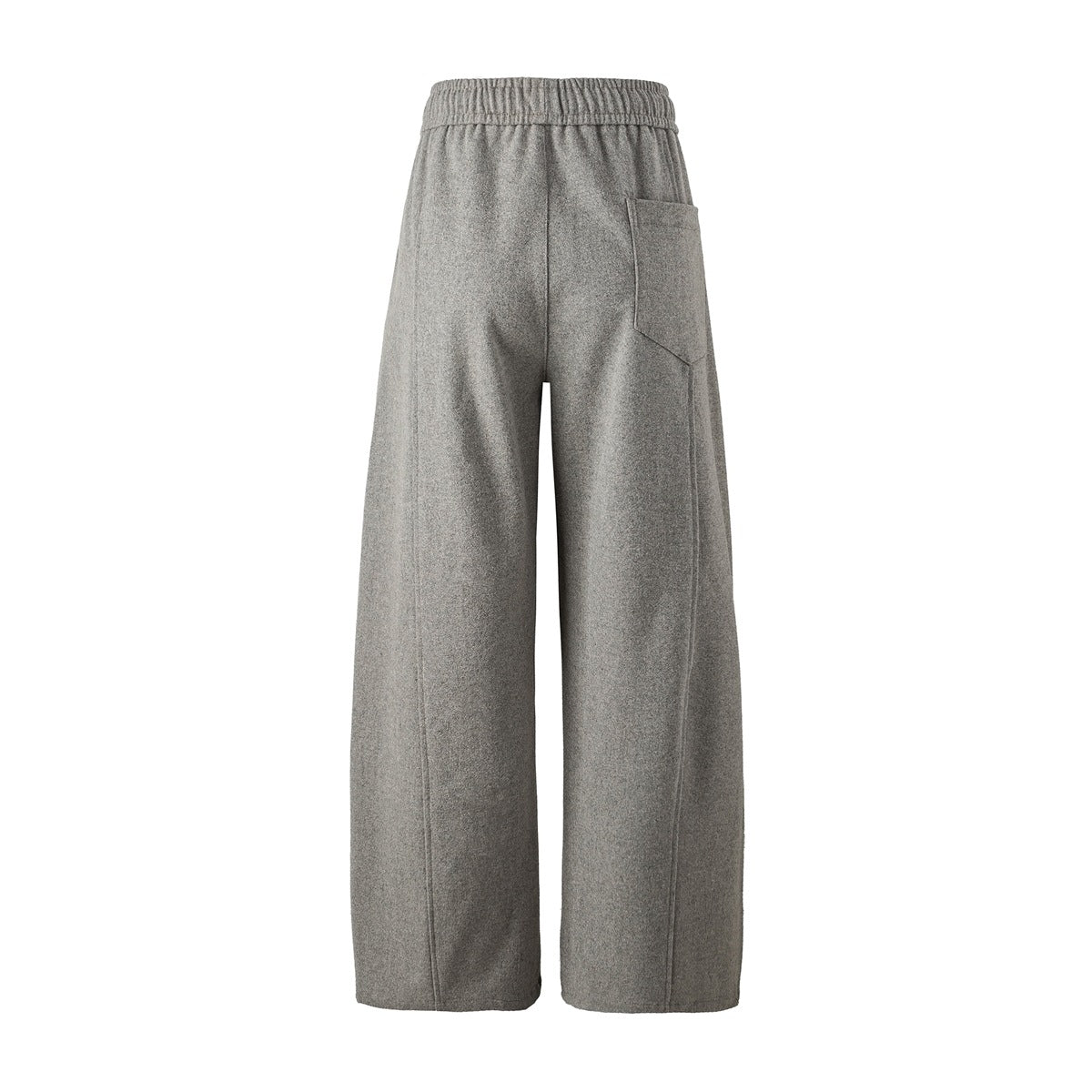 Back view of light gray wide-leg pants with an elastic waistband and a patch pocket.