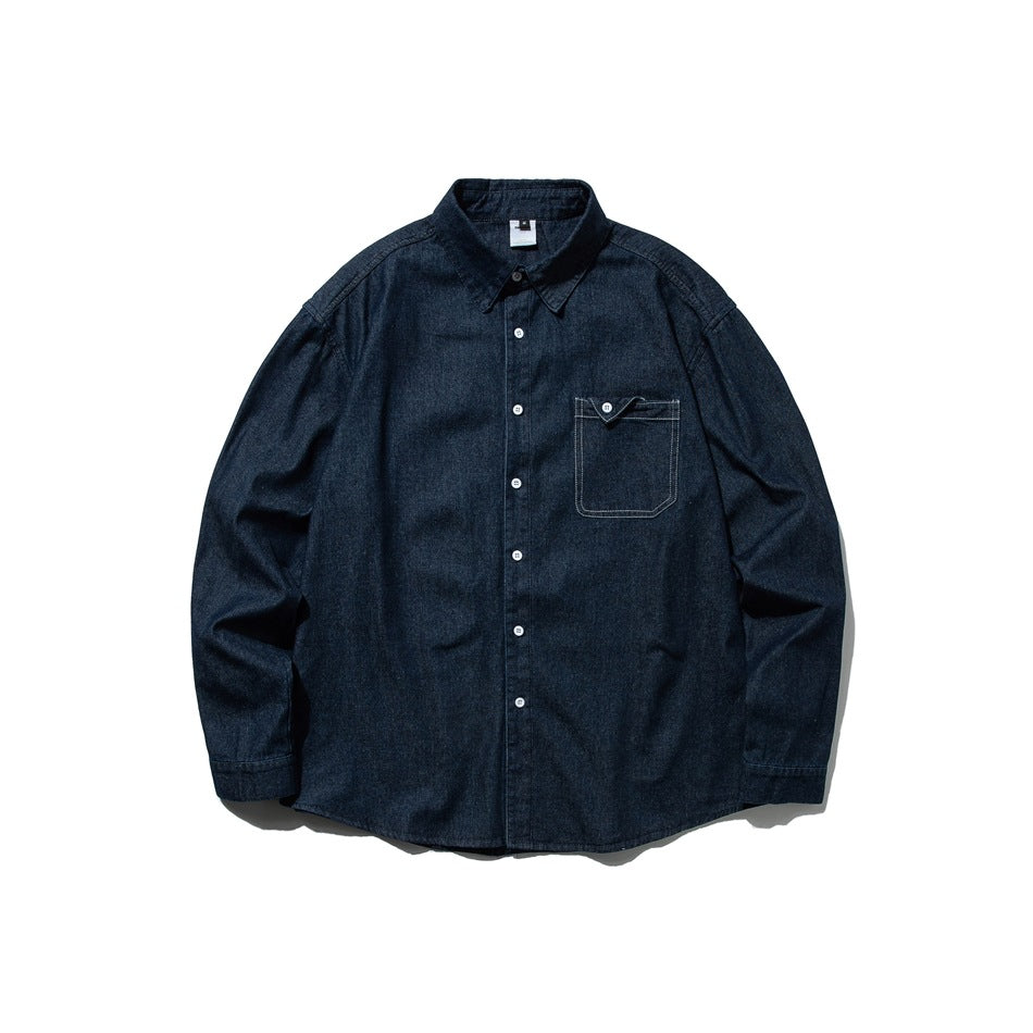 Dark indigo denim long-sleeve button-front shirt with chest pocket and contrast stitching, front flat lay
