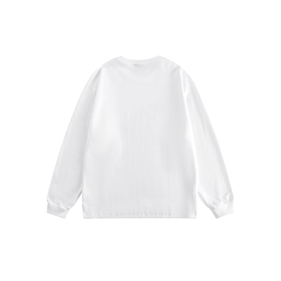 Back view of a plain white long-sleeve crewneck top with ribbed cuffs and a straight hem.