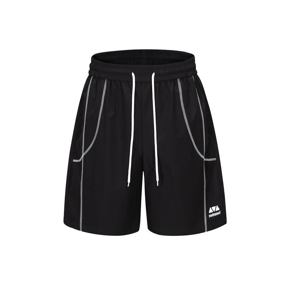 Black shorts with white drawstring and gray-white contrast topstitching on pockets and side seams, front view