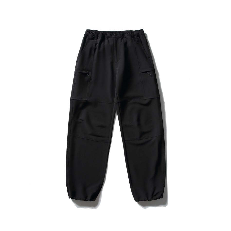 Black relaxed cargo-style pants, flat front view, with elastic waist, zip thigh pockets and gathered cord hems