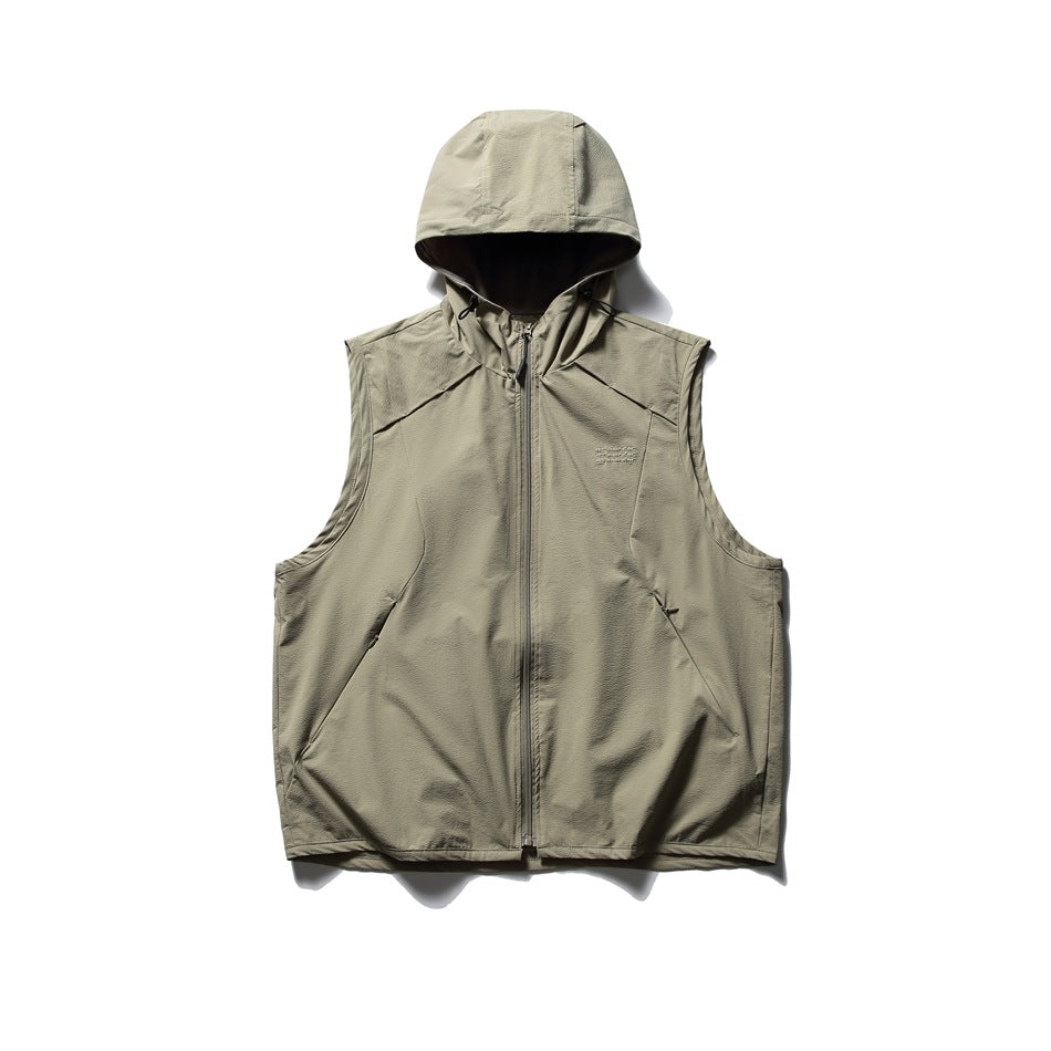 Light olive green sleeveless hooded zip vest with drawcord hood and angled side pockets, flat lay front view