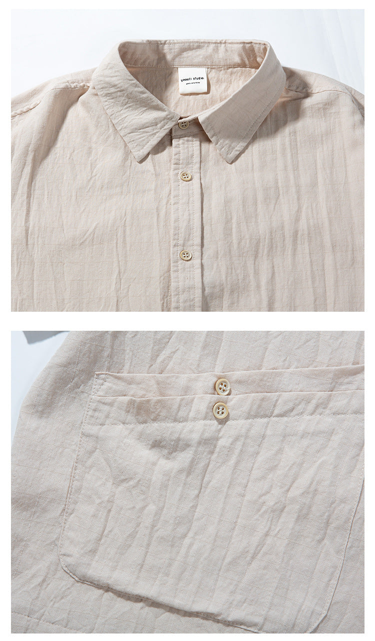 Collage showing the pale beige shirt's collar and buttons above a close-up of its buttoned front pocket.