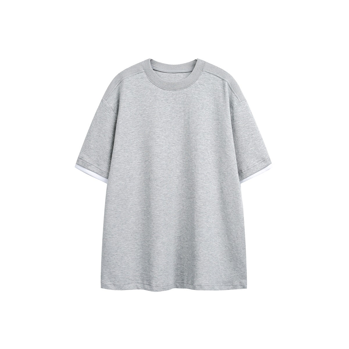 Heather gray short-sleeve crewneck T-shirt flat lay with white layered sleeve trim