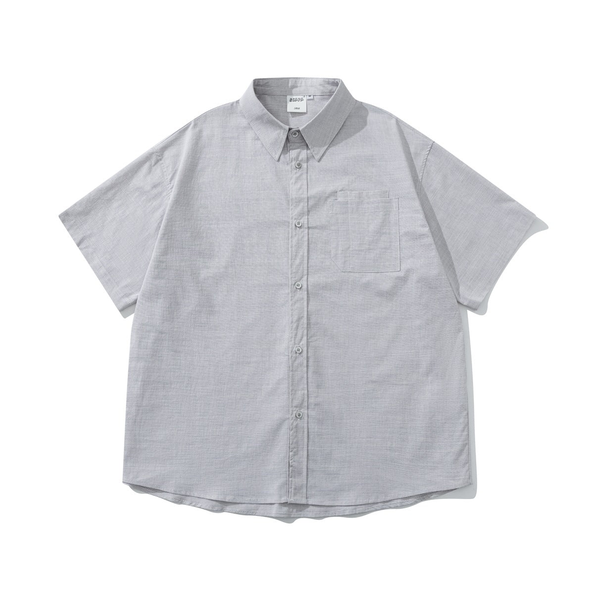 Light gray short-sleeve button-up shirt with pointed collar and chest pocket, flat lay front view