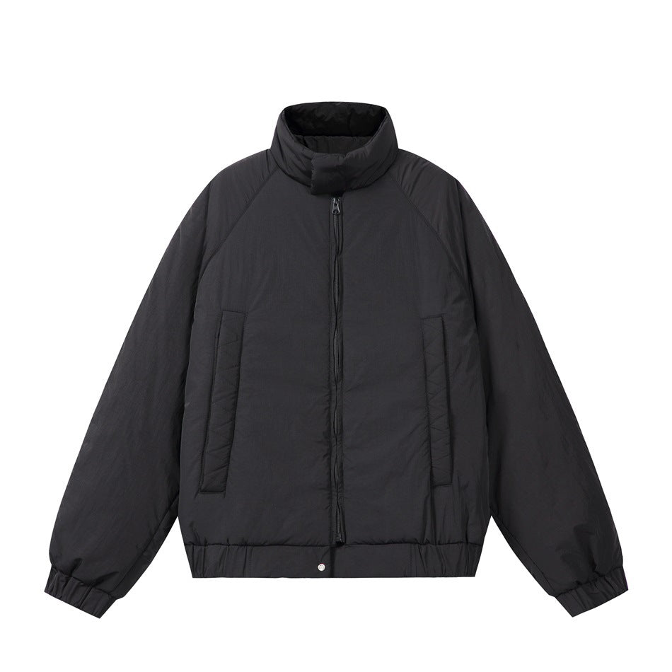 Black padded stand-collar zip jacket with raglan sleeves, front pockets and elastic cuffs and hem, front view