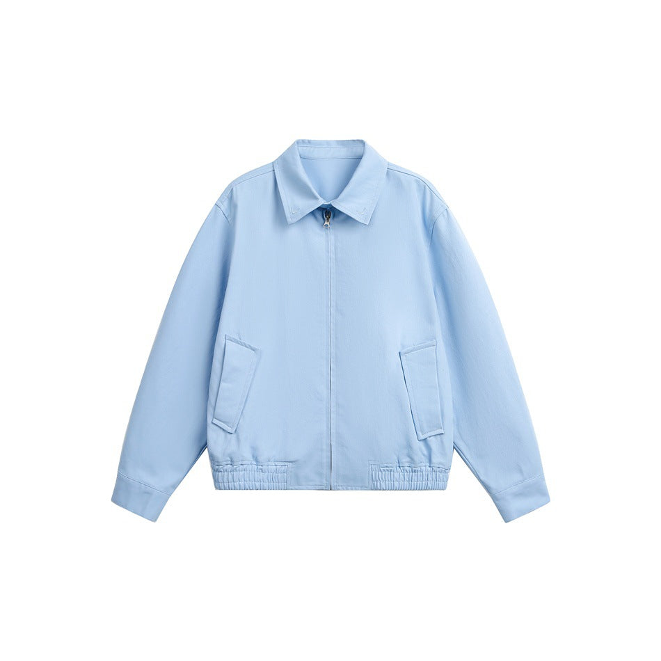 Light blue zip-front jacket with pointed collar, flap pockets, button cuffs and gathered hem, flat front view
