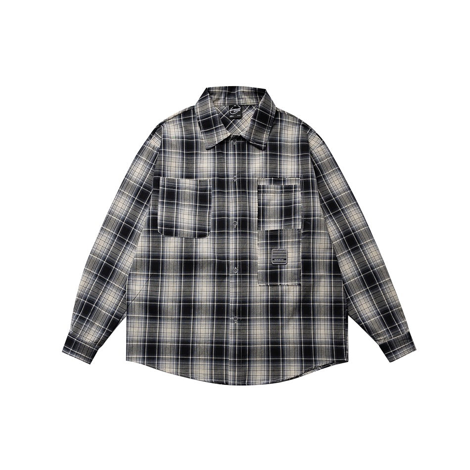Gray, black and cream plaid long-sleeve button-up shirt, front flat lay with two chest pockets