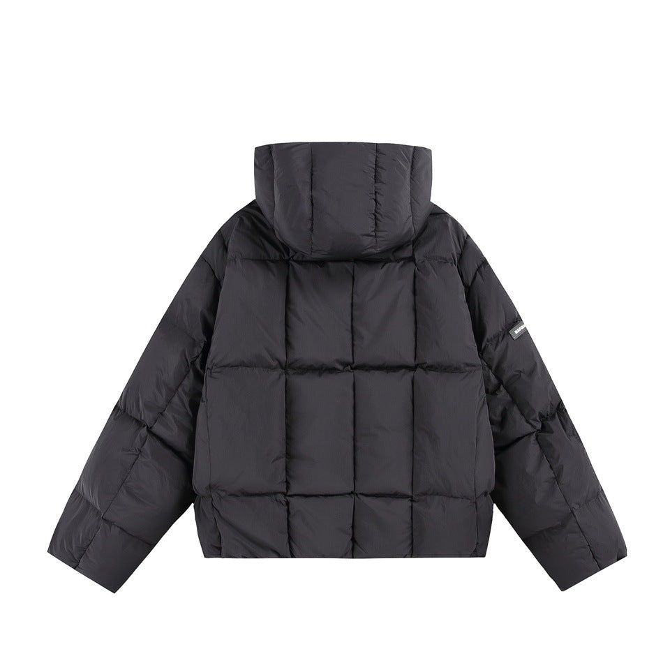 Back view of a black hooded puffer jacket with broad quilted panels and long sleeves.