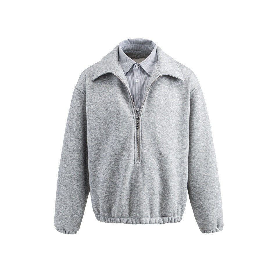 Heather gray half-zip sweatshirt with open collar showing striped shirt-style layer, front view on white