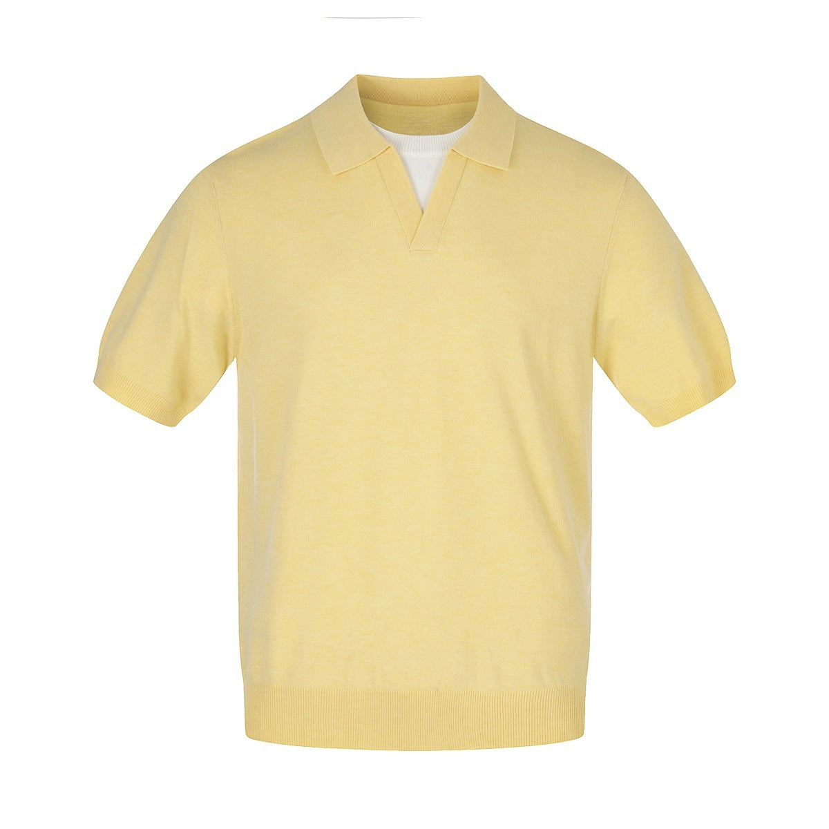 Front view of a plain pale yellow short-sleeve knit polo top with an open V neckline and ribbed trim.