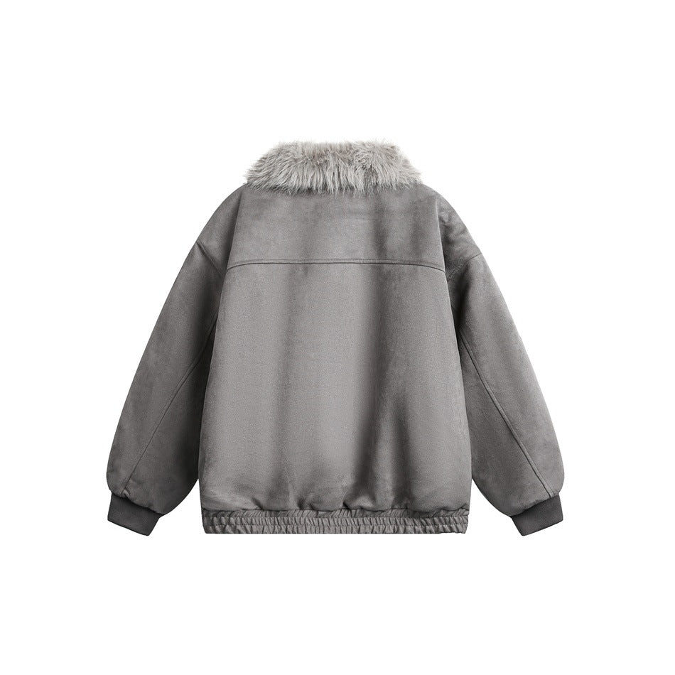 Back view of a gray jacket with a light gray fur collar, long sleeves, and an elasticized hem.
