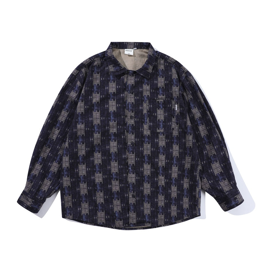 Blue long-sleeve button-up shirt with geometric gray-beige print, point collar and chest pocket, flat lay front view