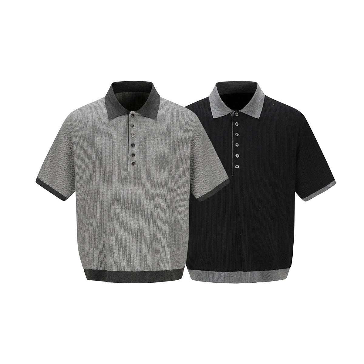 Two short-sleeve ribbed polo shirts shown from the front: gray with dark trim and black with gray trim.