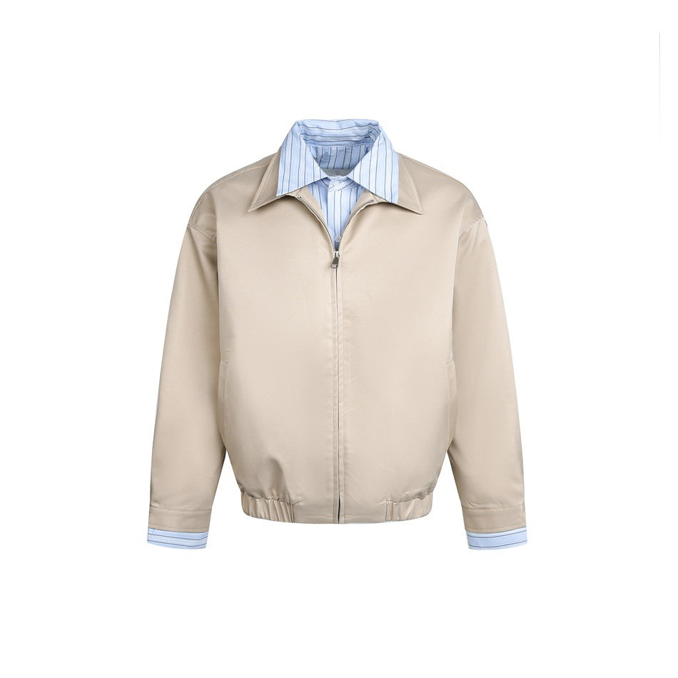 Front product view of a beige zip jacket with a blue striped collar and matching striped cuffs.