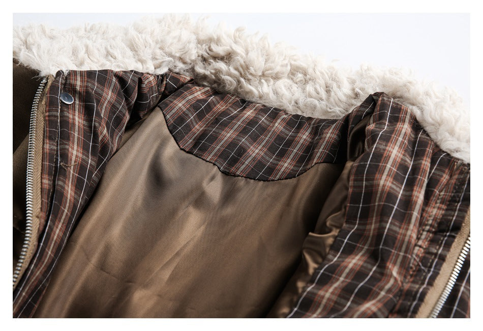 Open brown garment showing brown plaid lining and a thick off-white fuzzy collar trim.