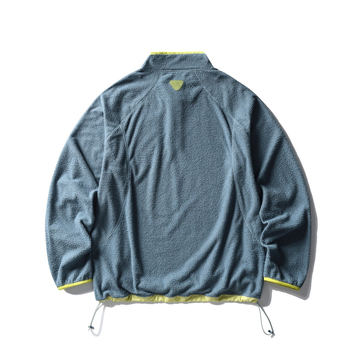 Back view of a blue-gray textured jacket with bright yellow trim and adjustable hem cords.