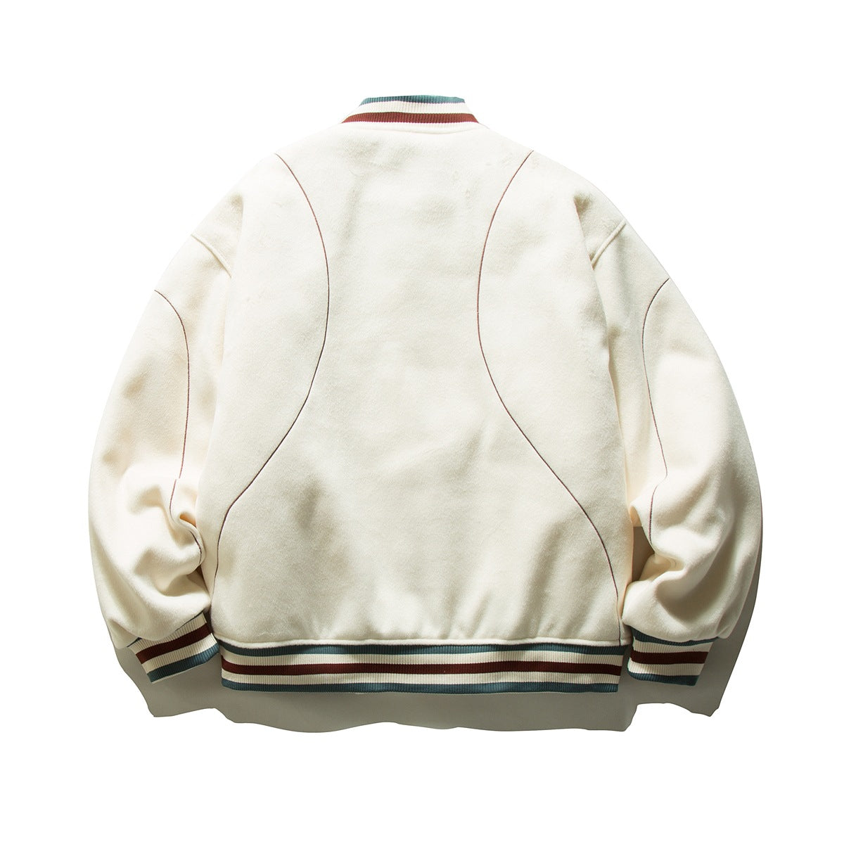 Back view of an ivory varsity jacket with curved contrast piping and striped ribbed collar, cuffs, and hem.