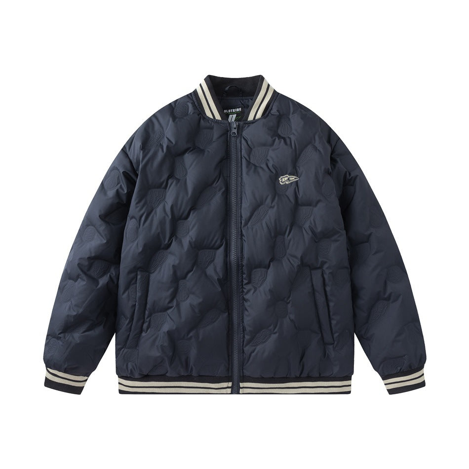 Navy quilted baseball-style jacket, front view, with front zipper and striped ribbed collar, cuffs and hem