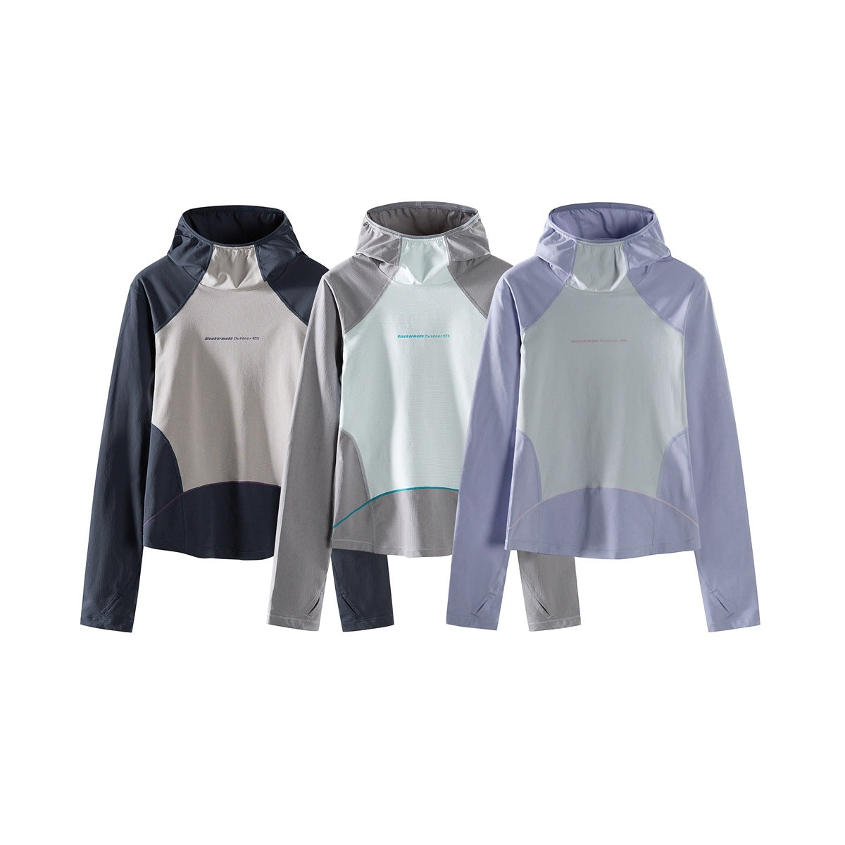 Three long-sleeve hooded tops shown in navy and gray, gray and pale mint, and lavender and pale mint colorways.