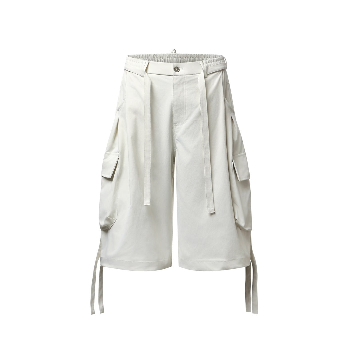 Off-white knee-length cargo shorts with elastic waist, long tie belt, side flap pockets and hem straps, front view
