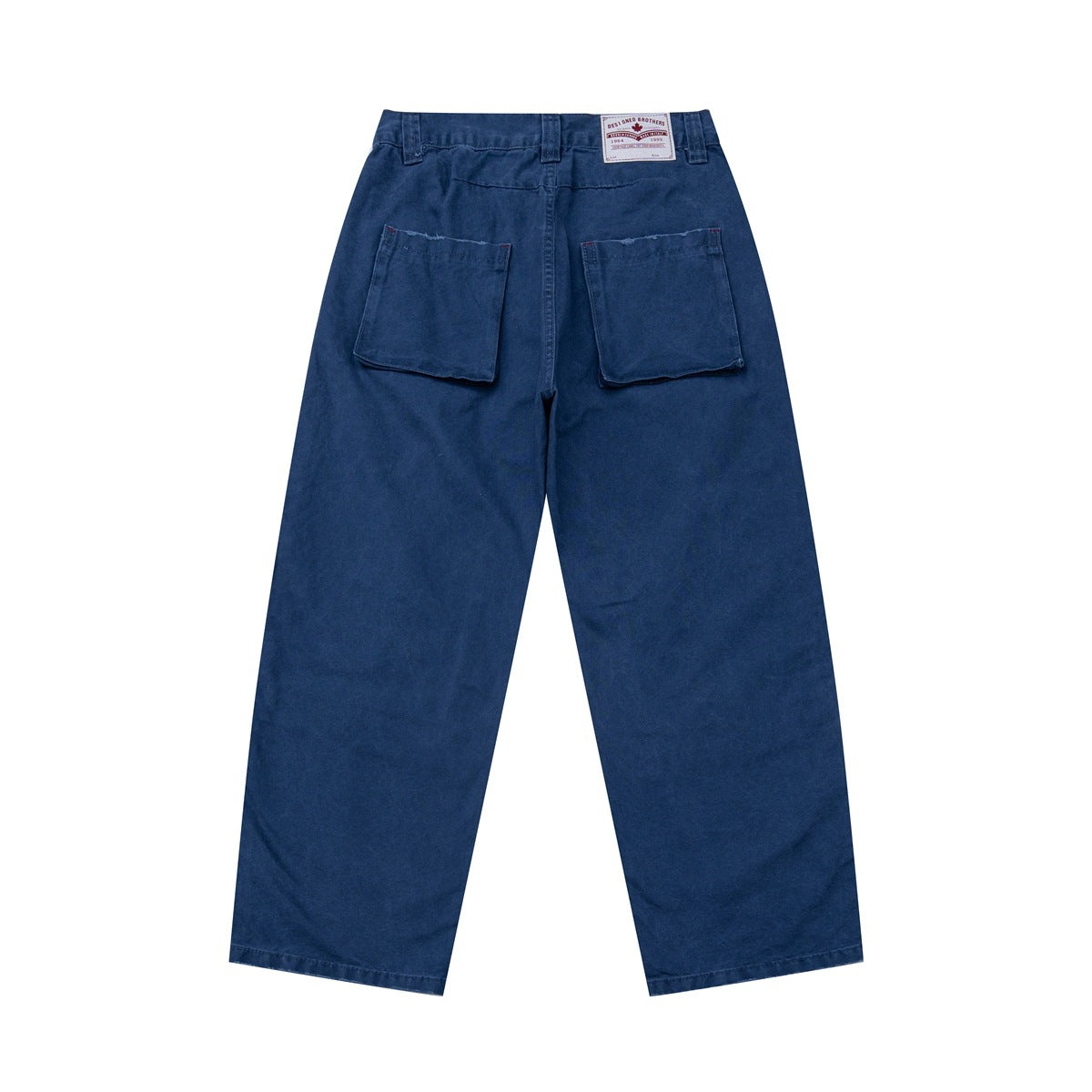 Full back view of dark blue wide-leg trousers with two large patch pockets and a sewn waistband label.