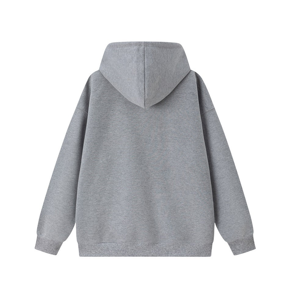Back view of a plain heather gray pullover hoodie with a hood, long sleeves, ribbed cuffs, and hem.