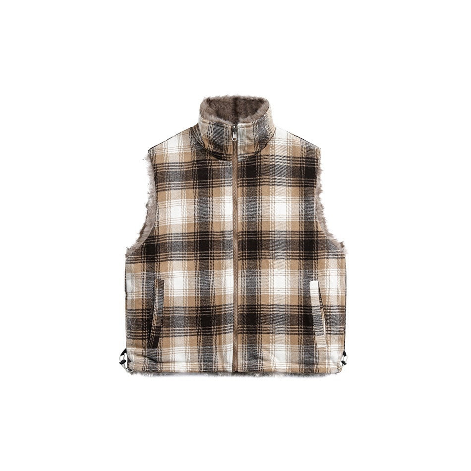 Khaki, brown and cream plaid zip-front vest with stand collar, plush pile edges, slanted pockets and hem drawcords