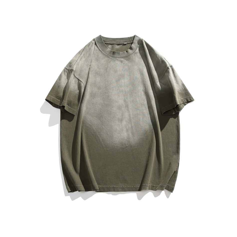 Olive green short-sleeve crewneck T-shirt with gradient faded wash, flat lay front view