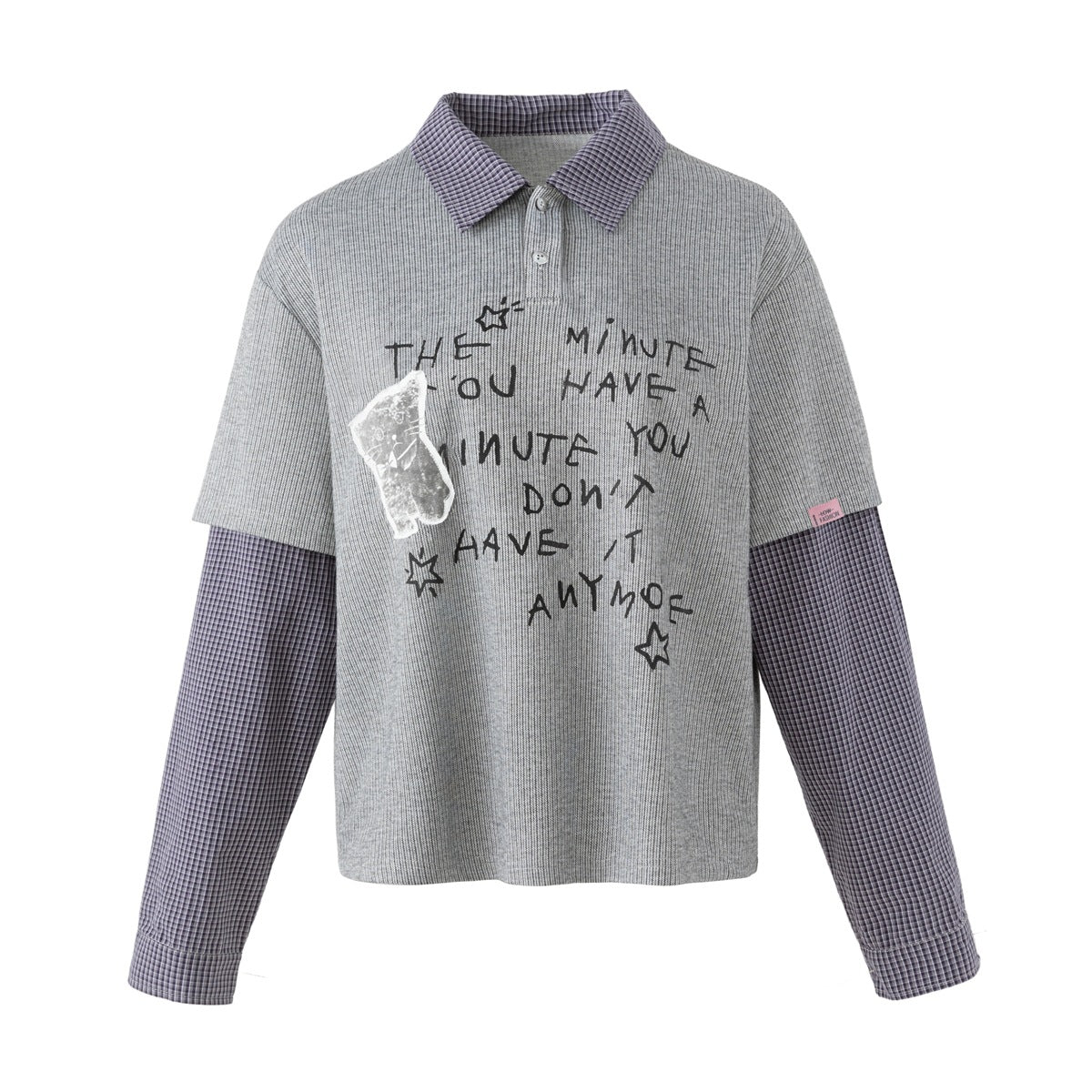Gray ribbed polo-collar top with navy-purple check collar and sleeves, black scrawled slogan print and gray cat graphic