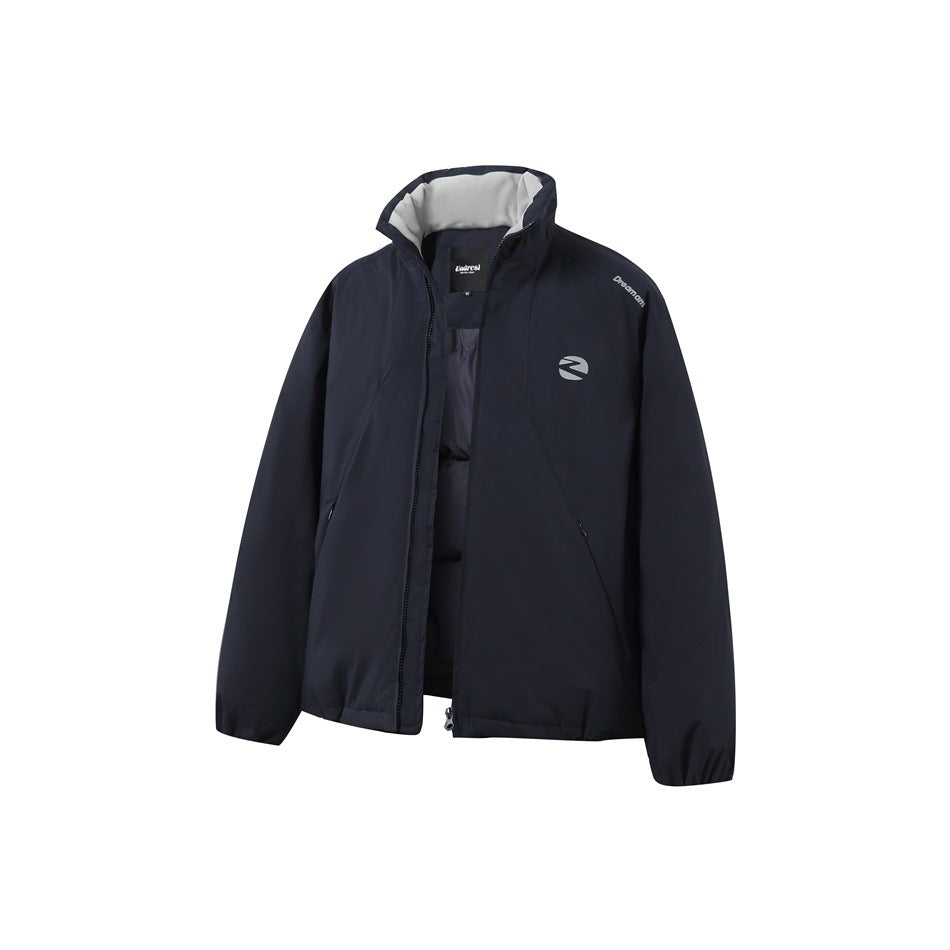 Navy blue padded stand-collar jacket with open zipper, light gray collar lining, chest emblem and elastic cuffs