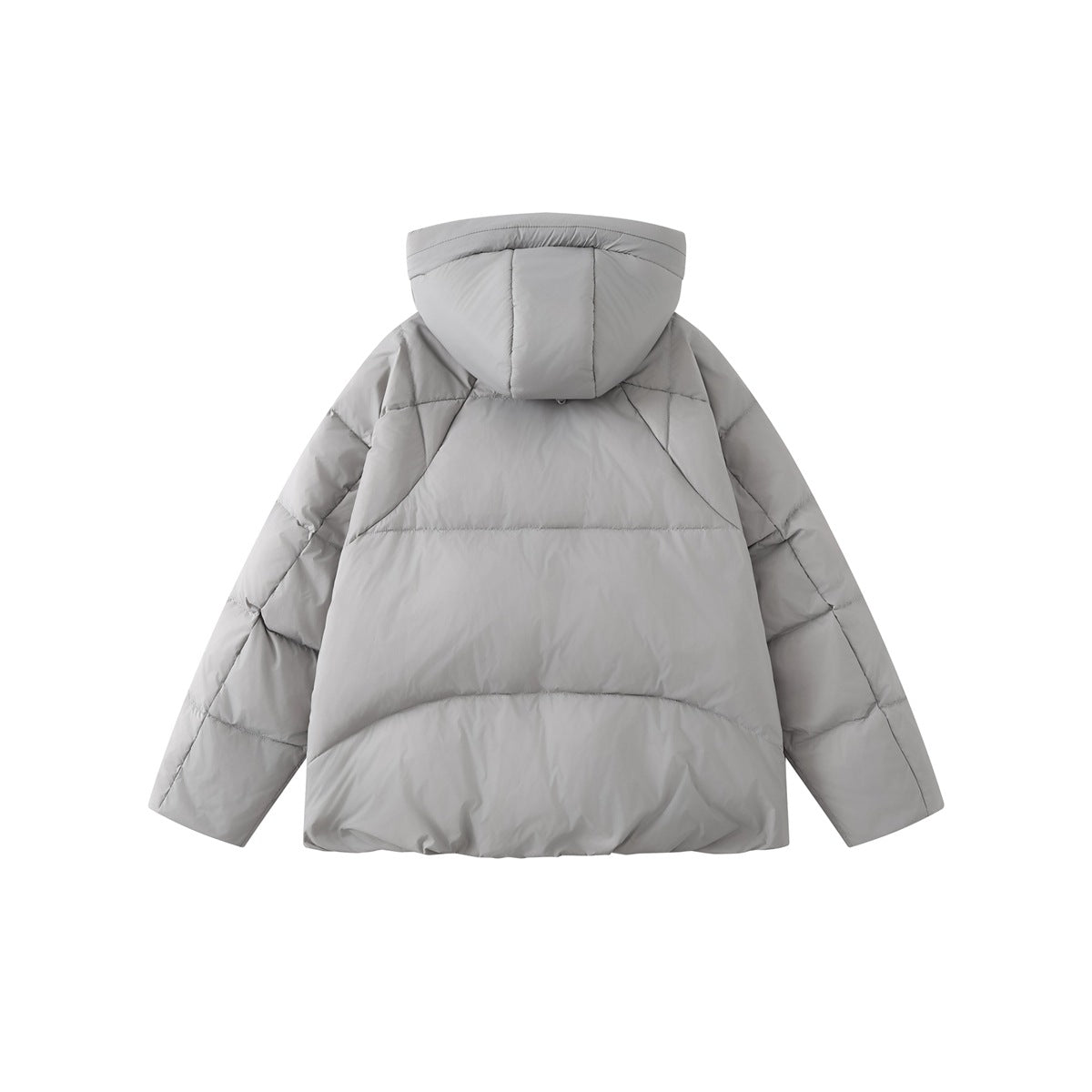 Back view of a light gray padded jacket with a hood, long sleeves, and horizontal quilted panels.
