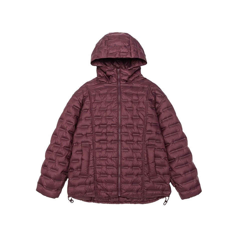 Burgundy hooded quilted puffer jacket with front zipper, pockets and hem drawcords, flat view