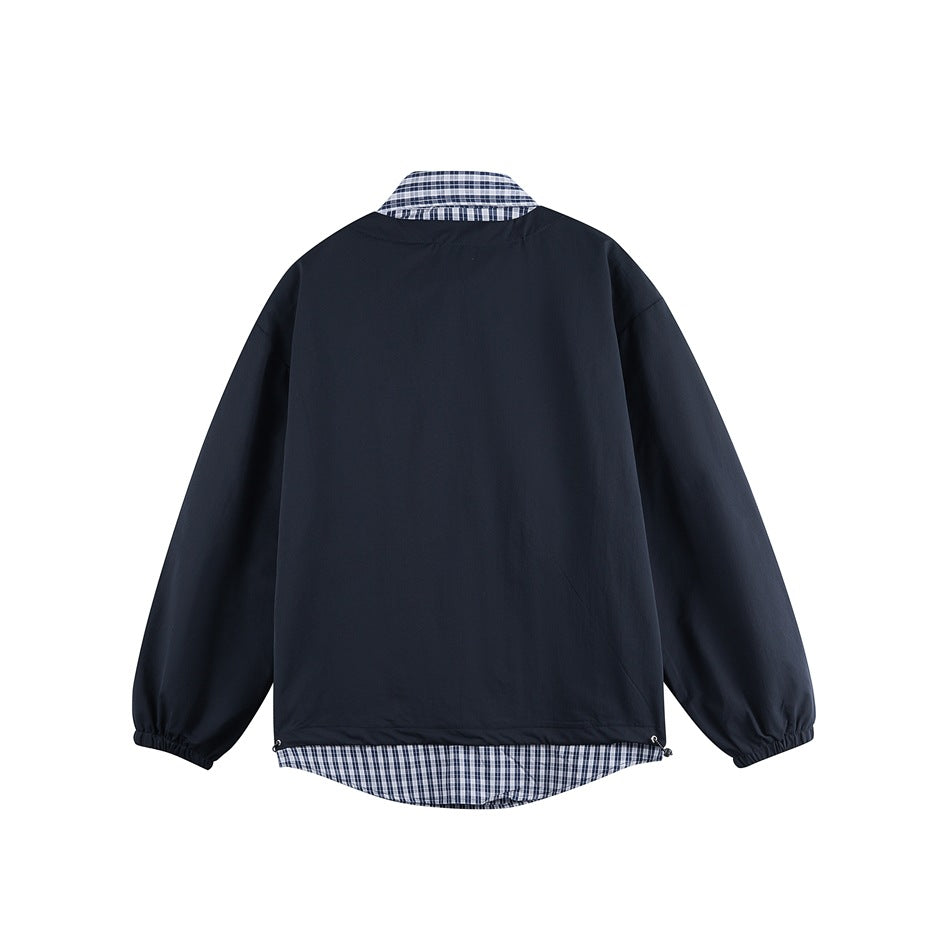Back view of navy pullover with plaid collar and plaid hem layer, elastic cuffs and hem drawcord toggles