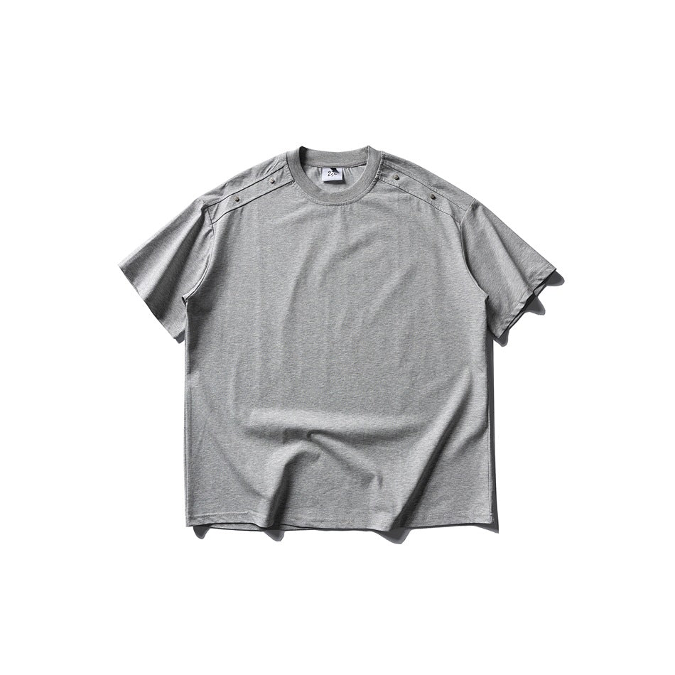 Heather gray short-sleeve crew-neck T-shirt with metal rivets on the shoulder, flat lay front view