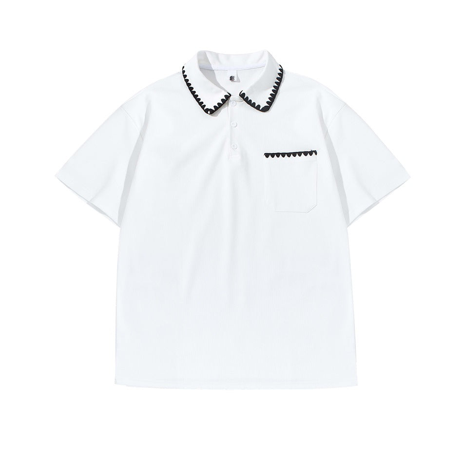 White short-sleeve polo shirt with black scalloped trim on the collar and chest pocket, flat front view