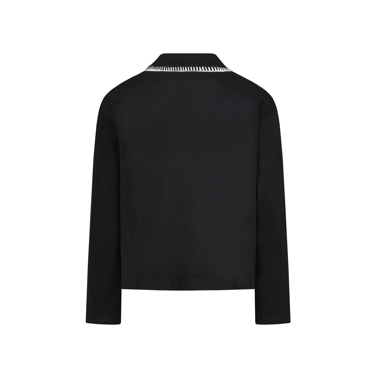 Back view of a black long-sleeve top with white stitching along the collar.