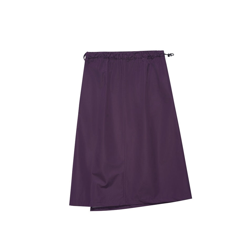 Back view of a deep purple wrap skirt with an elastic drawstring waistband.