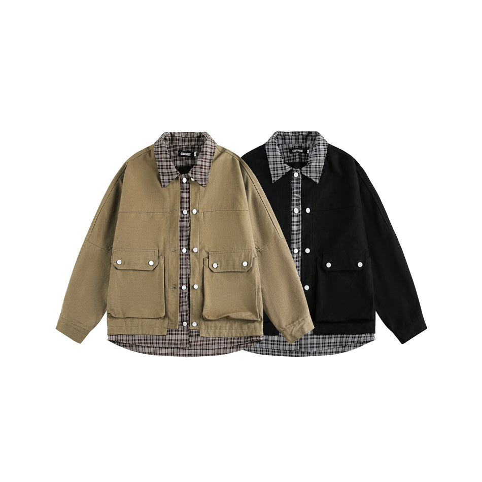 Two front-facing jackets shown side by side: khaki and black, both with plaid collars and lining, button fronts, and flap