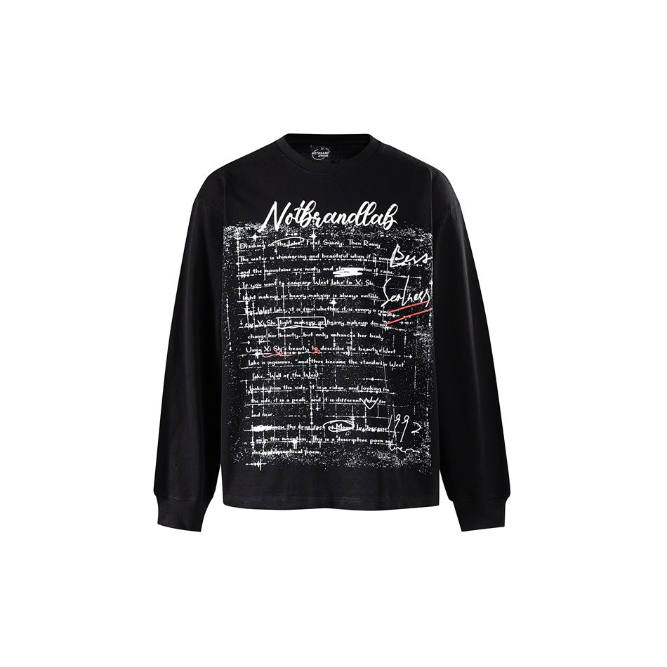 Black long-sleeve crewneck tee with a distressed white handwritten-text graphic and red accents on the front