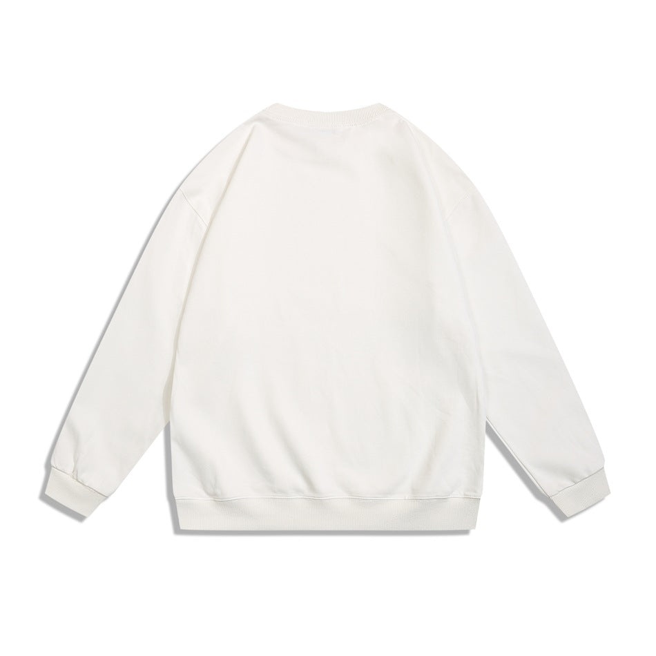 Back view of an off-white crewneck sweatshirt with long sleeves and ribbed cuffs and hem.