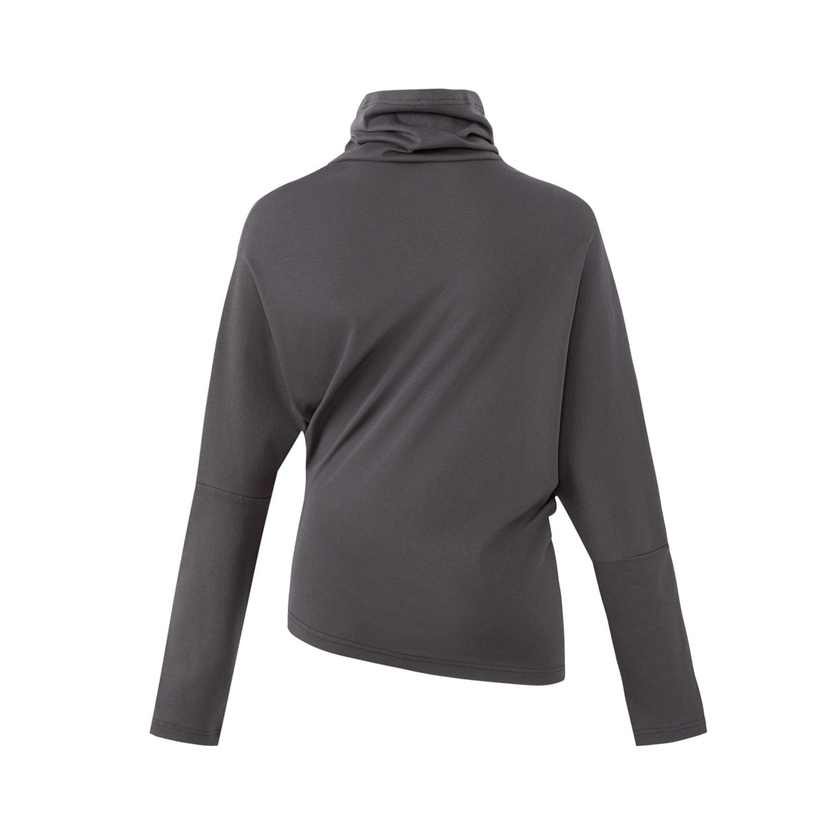 Back view of a charcoal long-sleeve top with a softly draped high neckline and plain back.