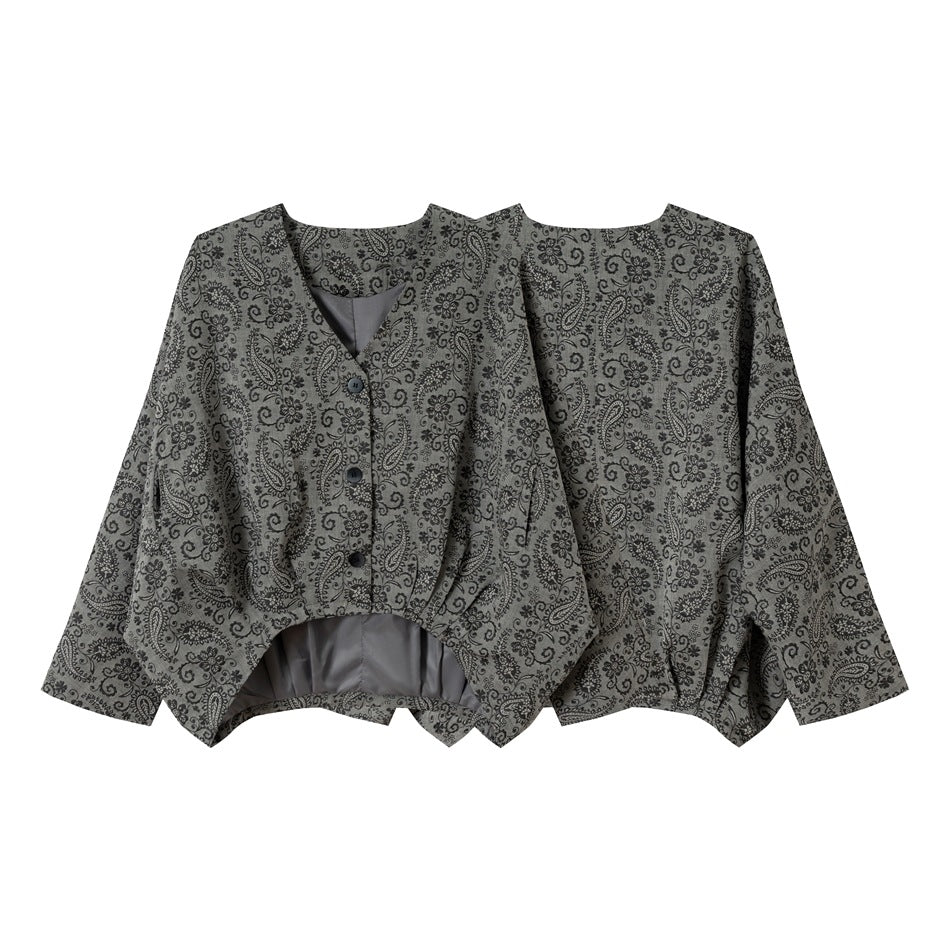 Gray paisley jacket shown laid flat from the front and back; the front has dark buttons and a V-neck.