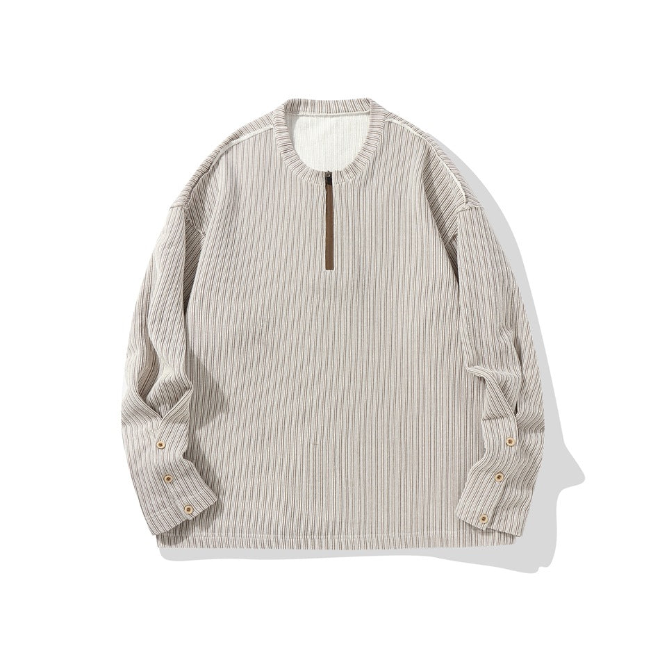 Beige striped long-sleeve crew-neck pullover with short brown-pull zip and buttoned cuffs, flat lay front view