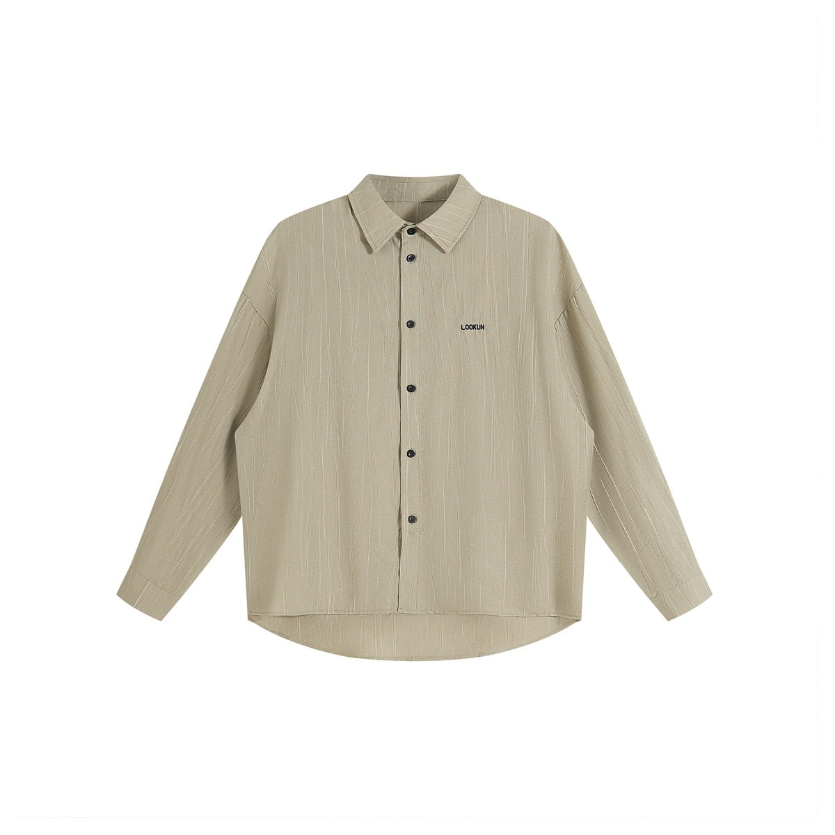 Khaki long-sleeve button-up shirt with crinkled vertical stripe texture, pointed collar and small chest embroidery, flat lay