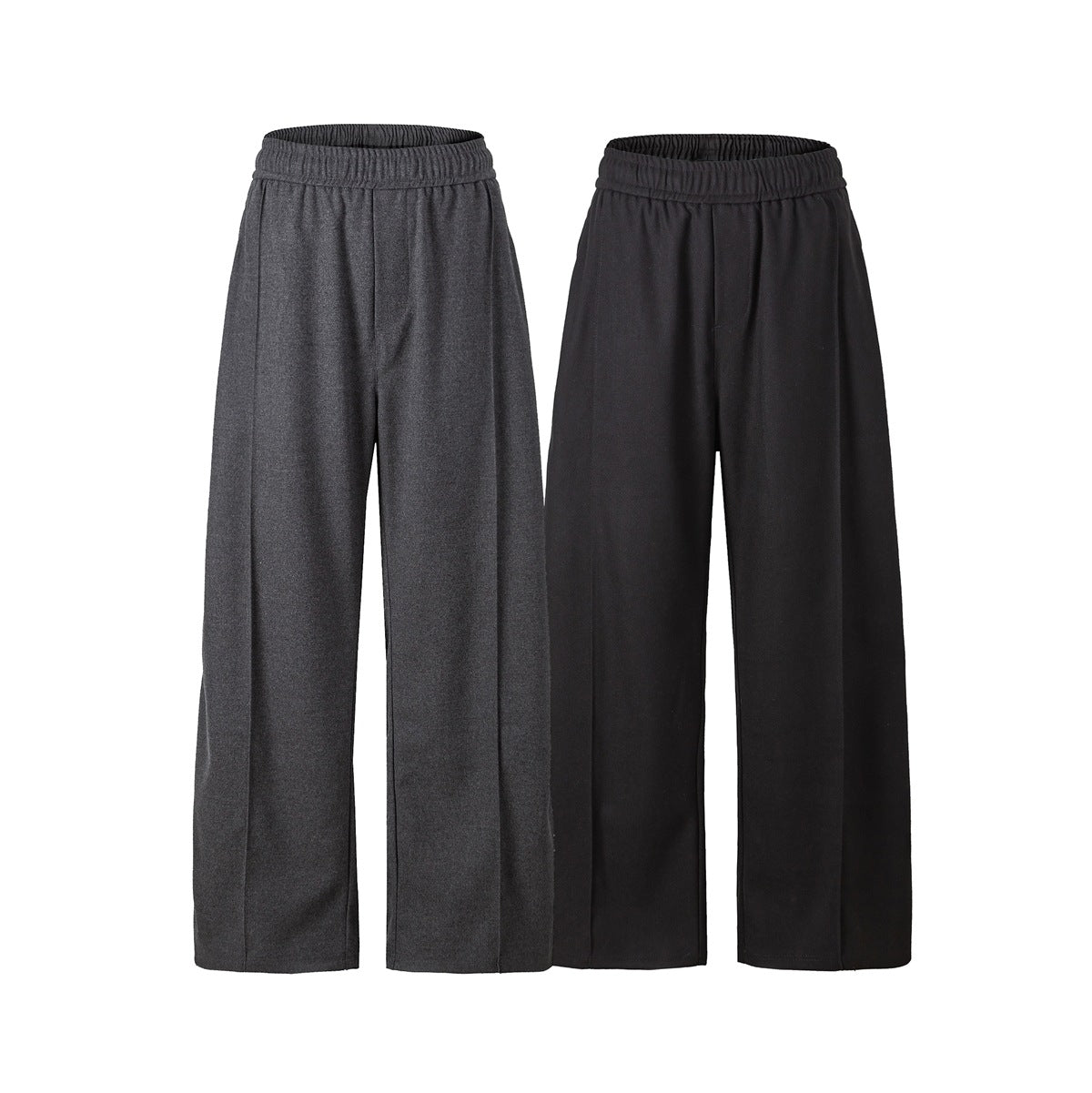 Front views of wide-leg pants in charcoal gray and black, with elastic waistbands and straight hems.