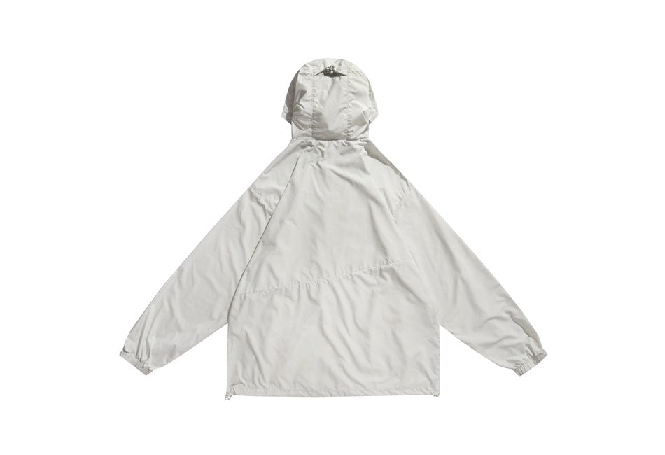 Back view of a light gray hooded jacket with long sleeves and elastic cuffs, laid flat on white.