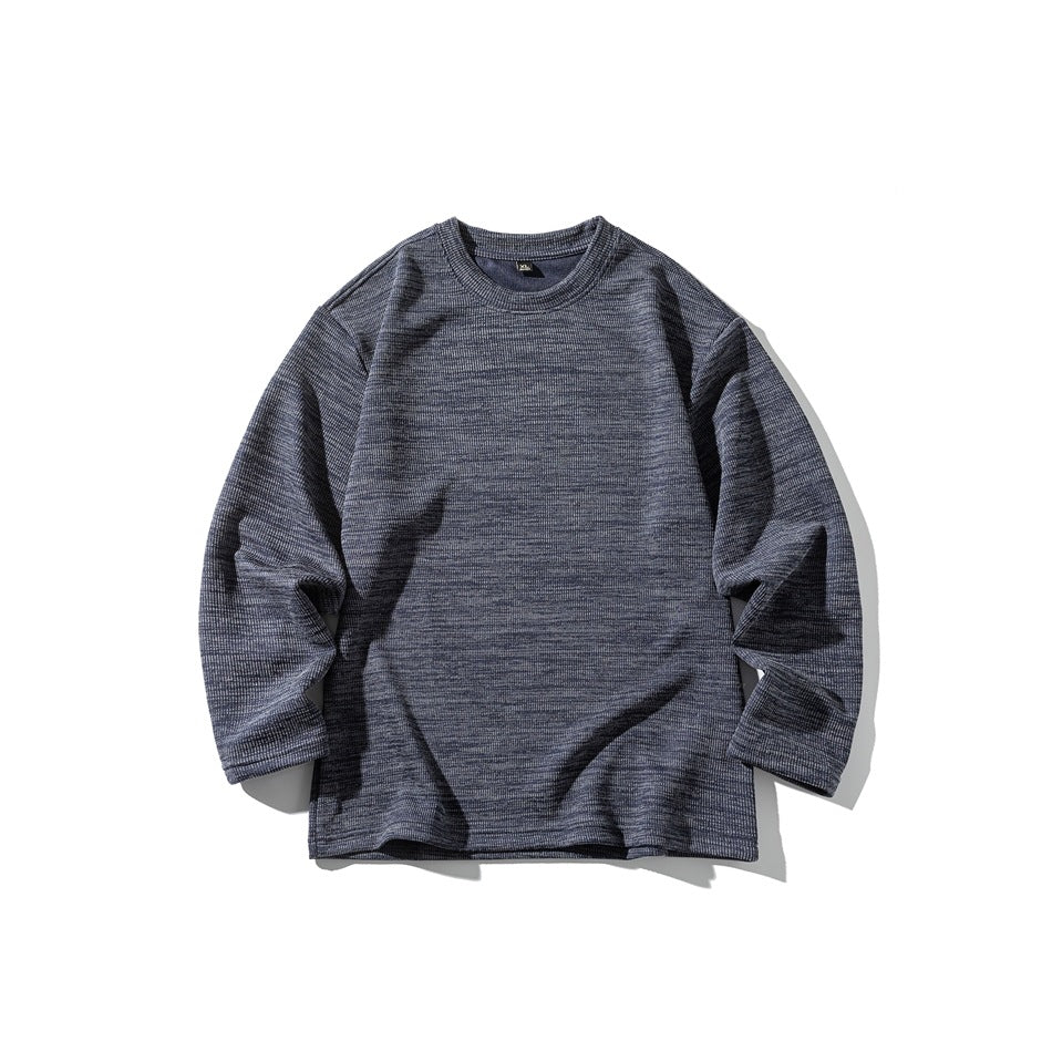 Blue heathered long-sleeve crew-neck pullover laid flat, front view